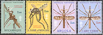 malaria_stamps.jpg_66b64 Four stamps showing mosquitoes, from Mozambique, S Tome and Principe, Angola, and Cabo Verde