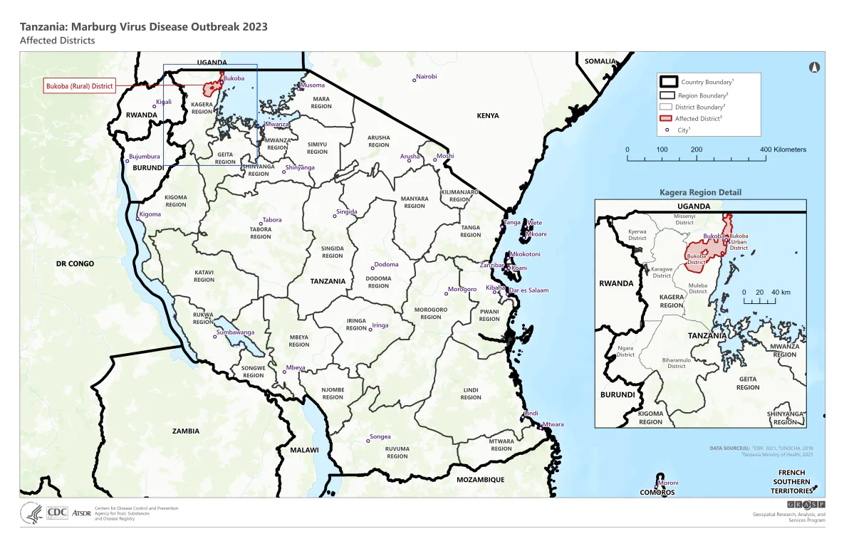 Tanzania 2023 MVD Outbreak map Map of Tanzania showing the location of Marburg cases