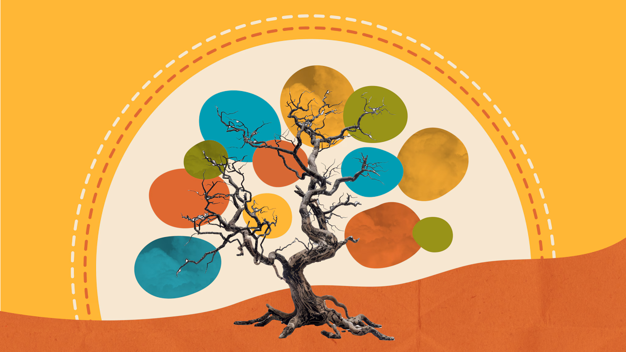 Mental Health Stigma A tree with yellow, blue, green, and orange shapes on the branches. The tree is on a brown hill. The sun behind the tree.