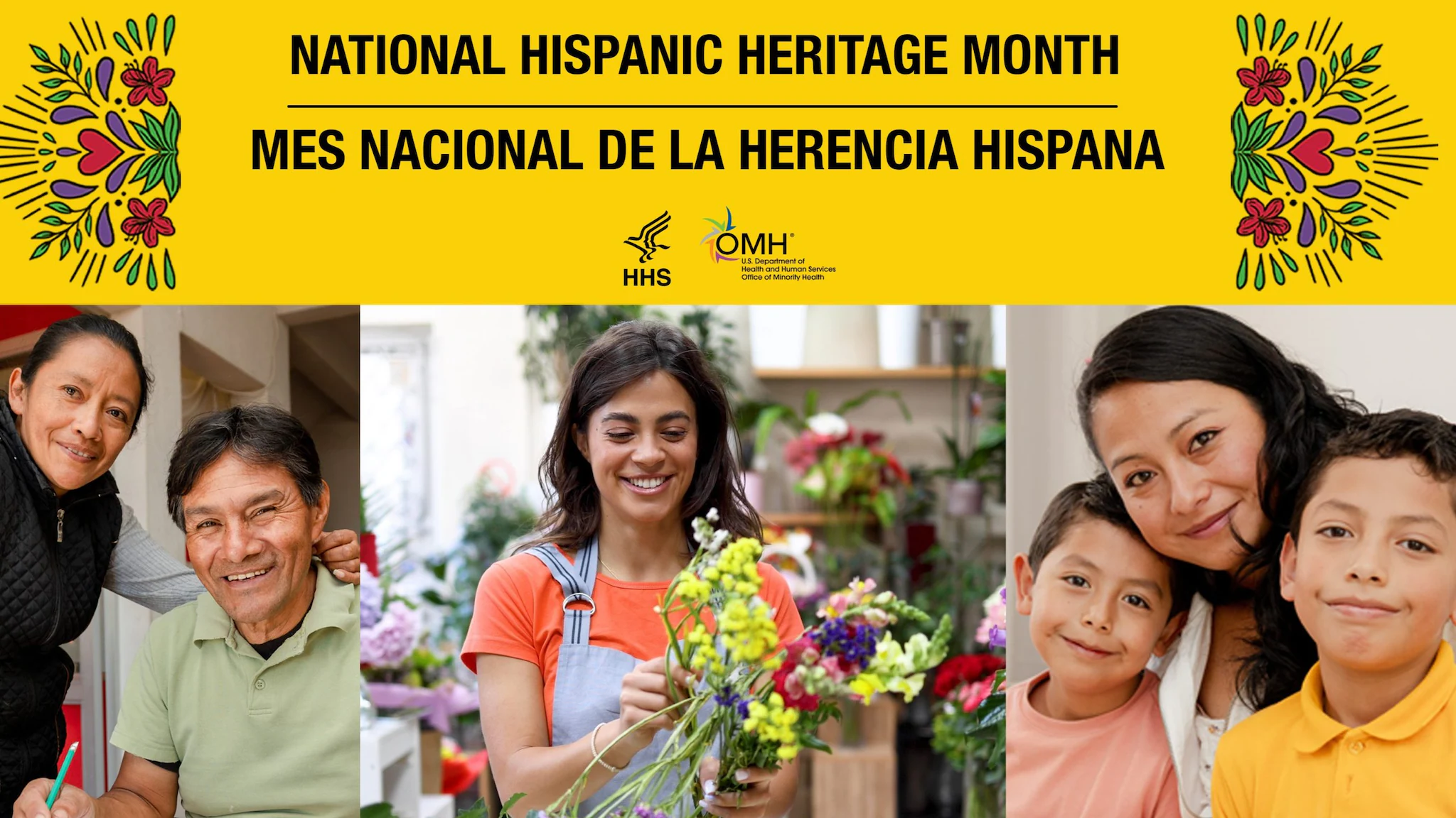 Graphic of National Hispanic Heritage Month with Hispanic and Latino families. National Hispanic Heritage Month graphic with Hispanic and Latino families.