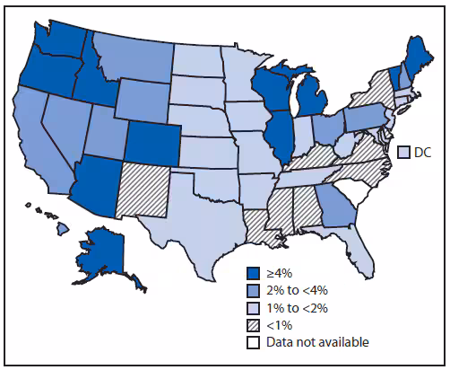 The figure above shows the estimated percentage of children enrolled in kindergarten who have been exempted from receiving one or more vaccines in the United States during the 2012-13 school year. An estimated 91,453 exemptions were reported among a total estimated population of 4,242,558 kindergarteners. Overall, among the 49 states and District of Columbia that reported 2012-13 school vaccination exemptions, the percentage of kindergarteners with an exemption was <1% for nine awardees and >4% for 11 awardees (range: <0.1% in Mississippi to 6.5% in Oregon), with a median of 1.8%.