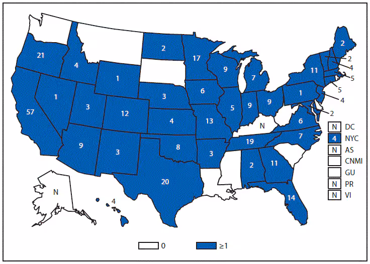 This figure is a map of the United States and U.S. territories that presents the number of hemolytic uremic, postdiarrheal cases in each state and territory in 2013.
