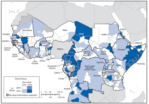 The figure above shows a map of Africa. The map illustrates oral poliovirus vaccine dose history among children aged 6-59 months, with nonpolio acute flaccid paralysis. The children were in countries experiencing importations of wild poliovirus during 2009-2013, and selected neighboring countries during July 2013-June 2014.