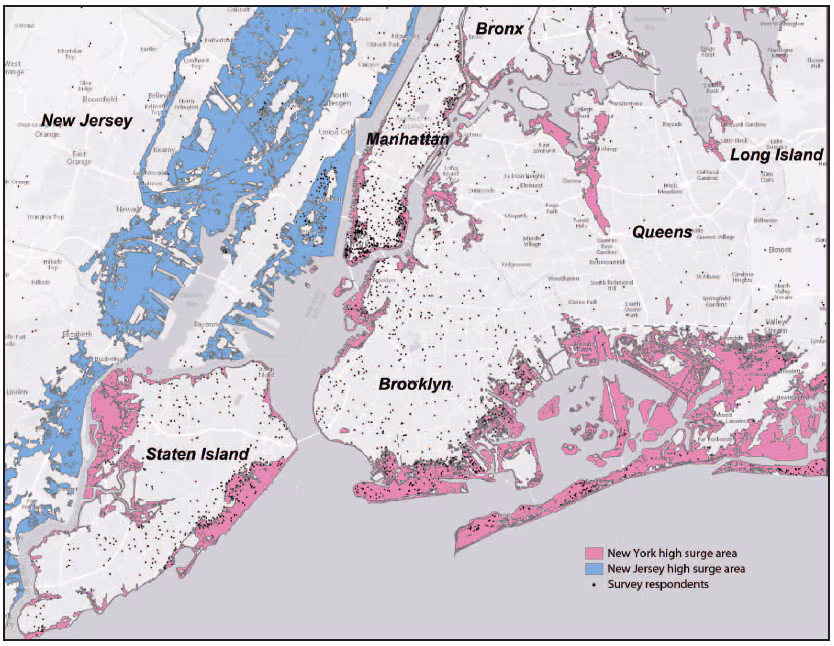 The figure above is a map of the New York City metropolitan area illustrating Hurricane Sandy inundation zones during October 2012. At the close of data collection (November 7, 2013), 4,558 surveys had been completed by 55.1% of enrollees in the inundation zones and 47.7% of enrollees not in an inundation zone.