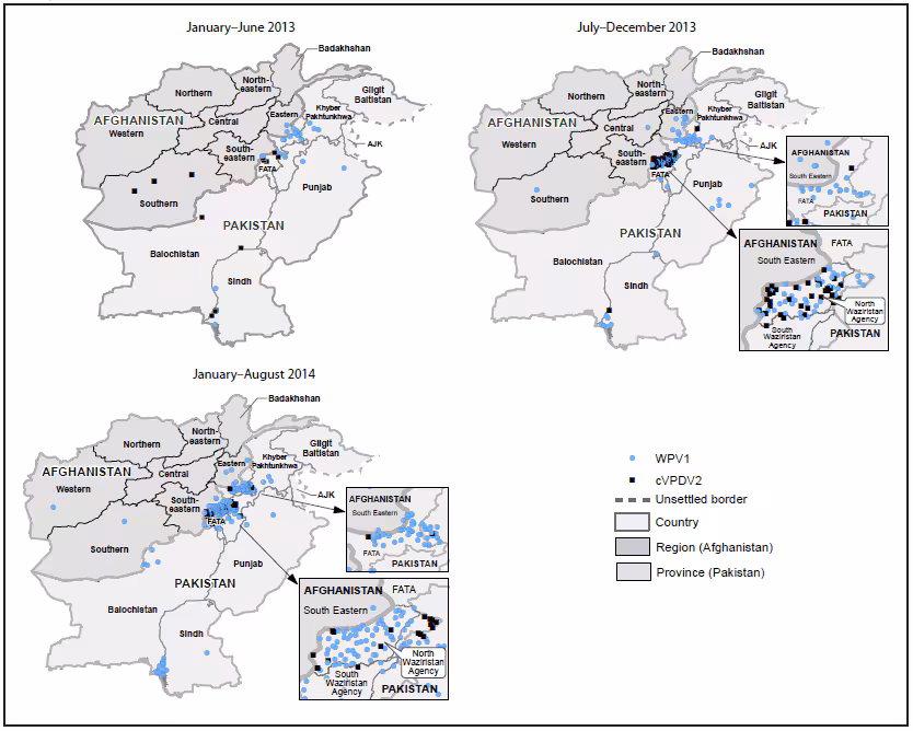 The figure above is a map showing cases of wild poliovirus type 1 and circulating vaccine-derived poliovirus type 2 in Afghanistan and Pakistan during January 2013-August 2014.