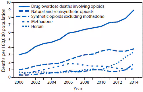The figure is a line chart showing drug overdose deaths involving opioids, by type of opioid, in the United States during 2000-2014.