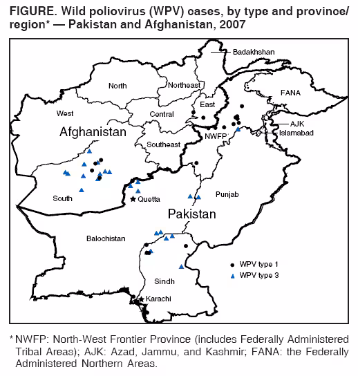 FIGURE. Wild poliovirus (WPV) cases, by type and province/
region* — Pakistan and Afghanistan, 2007