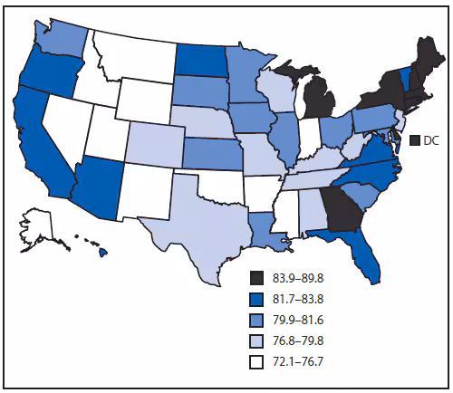 The figure shows state data from the Behavioral Risk Factor Surveillance System for 2008 regarding the percentage of U.S. women aged 50–74 years who had recommended breast cancer screening as determined by having met the U.S. Preventive Services Task Force recommendation of having had a mammogram in the preceding 2 years.