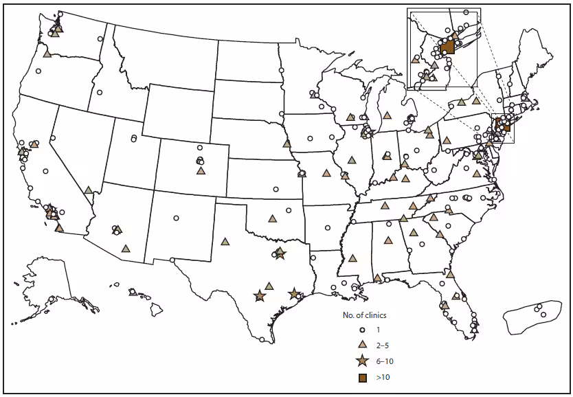 This figure shows a map of the United States indicating the locations of clinics providing assisted reproductive technology (ART) in the United States in 2009. In 2009, there were 484 ART clinics in the United States, of which 441 submitted data. A total of 146,244 ART cycles were reported in 2009. This does not include 12 cycles in which a new treatment procedure was being evaluated. The number of live-birth deliveries resulting from ART cycles started in 2009 was 45,870; the number of infants born as a result of ART cycles performed in 2009 was 60,190