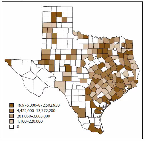 The figure is a map of Texas that shows the distribution by quintile and county of the number of pounds of chemicals onsite that were reported for the state to the Environmental Protection Agency's Toxic Release Inventory in 2003. This figure should be read in conjunction with Figure 4 showing the number of acute chemical incidents by quintile and county for 2003. A strong correlation was found between the number of incidents in a county as shown in Figure 4 and the amount of chemicals stored or used in the county.
