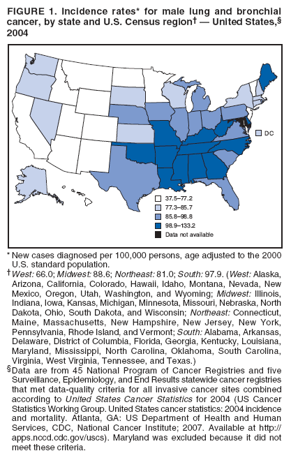 FIGURE 1. Incidence rates* for male lung and bronchial
cancer, by state and U.S. Census region† — United States,§
2004