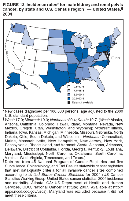FIGURE 13. Incidence rates* for male kidney and renal pelvis
cancer, by state and U.S. Census region† — United States,§
2004