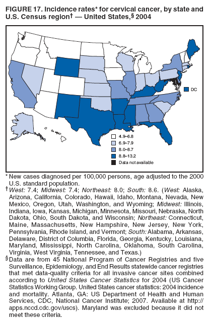FIGURE 17. Incidence rates* for cervical cancer, by state and
U.S. Census region† — United States,§ 2004