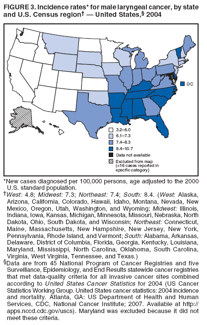 FIGURE 3. Incidence rates* for male laryngeal cancer, by state
and U.S. Census region† — United States,§ 2004