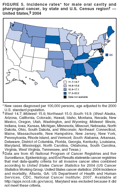 FIGURE 5. Incidence rates* for male oral cavity and
pharyngeal cancer, by state and U.S. Census region† —
United States,§ 2004