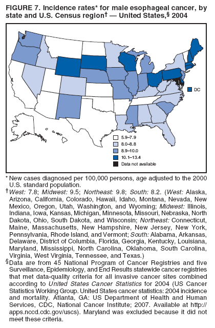 FIGURE 7. Incidence rates* for male esophageal cancer, by
state and U.S. Census region† — United States,§ 2004