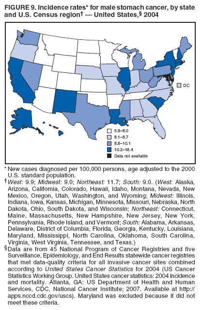 FIGURE 9. Incidence rates* for male stomach cancer, by state
and U.S. Census region† — United States,§ 2004