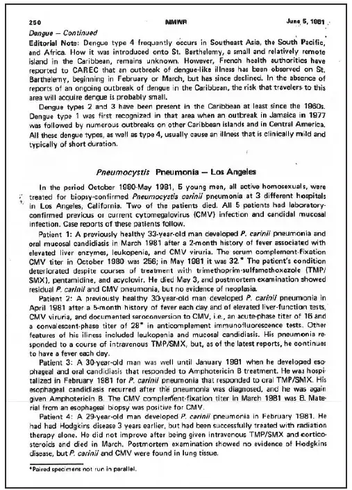 The figure is a copy of the first page of the first AIDS report in MMWR on June 5, 1981.