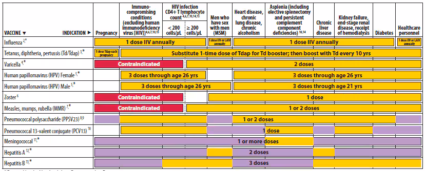 The figure shows recommended vaccinations indicated for adults based on medical and other indications. For Figure 2, the recommendation for Tdap vaccination with each pregnancy is included, with a single dose of Tdap recommended for all other groups. A correction was made to change the color for PPSV23 from yellow to purple for men who have sex with men (MSM). PPSV23 is recommended for MSM who have another risk factor such as age group or medical condition.  A row for PCV13 was added.