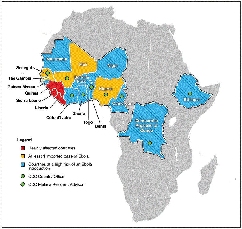 su6503a4f1.gif Countries heavily affected were Guinea, Sierra Leone, and Liberia; countries that experienced at least one Ebola case were Mali, Nigeria, and Senegal; countries at high risk of an Ebola introduction, in addition to Mali, Nigeria, and Senegal, were Benin, Burkina Faso, Cameroon, Côte d’Ivoire, Democratic Republic of the Congo (DRC), Ethiopia, Gambia, Ghana, Guinea Bissau, Mauritania, Niger, and Togo; countries with a CDC country office were Cameroon, Côte d’Ivoire DRC, Ethiopia, Ghana, Mali, and Nigeria; countries with a CDC malaria resident advisor were Benin and Senegal. The High-risk Countries Team was active from August 2014 through May 2015.