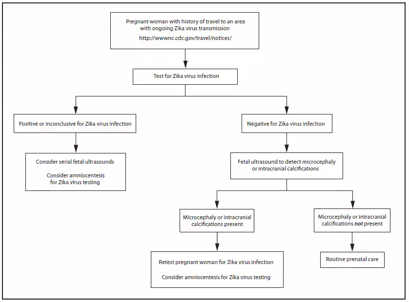 The figure above is a flow chart showing updated interim guidance on a testing algorithm for a pregnant woman with history of travel to an area with ongoing Zika virus transmission.