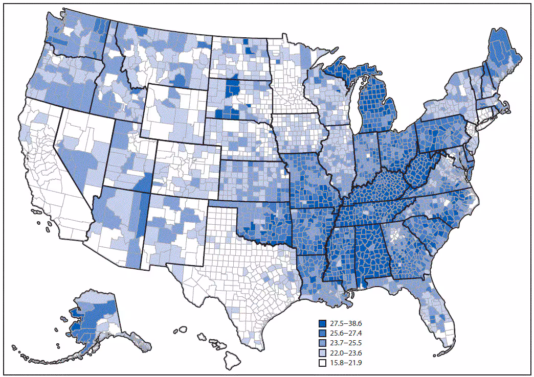 mm6519a2f.gif The figure above is a map of the United States showing age-standardized, model-predicted estimates of the percentage of adults with doctor-diagnosed arthritis, by county.