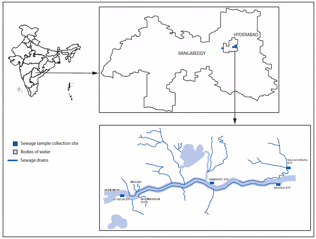 m6533a5f.gif The figure above is a map showing sewage sample collection sites for the Hyderabad and Rangareddy Districts of India during May 2016.