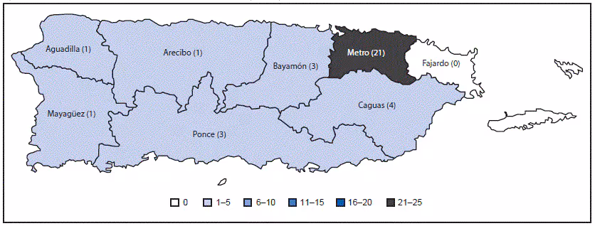m6534e1f2.gif The figure above is a map of Puerto Rico showing reported cases of confirmed and suspected Guillain-Barré syndrome in persons with evidence of Zika virus or flavivirus infection, by public health region of residence, during January 1–July 31, 2016.