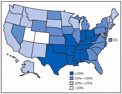 The figure above is a map of the United States showing the prevalence of self-reported physical inactivity among adults aged â‰¥50 years during 2014.