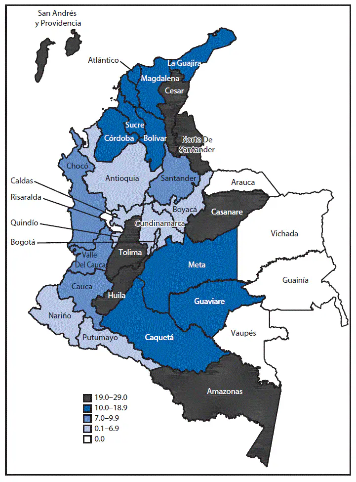 m6549e1f2.gif The above figure is a map of Colombia showing the number of cases of congenital microcephaly per 10,000 live births by reporting area during January 31–November 12 in 2016.