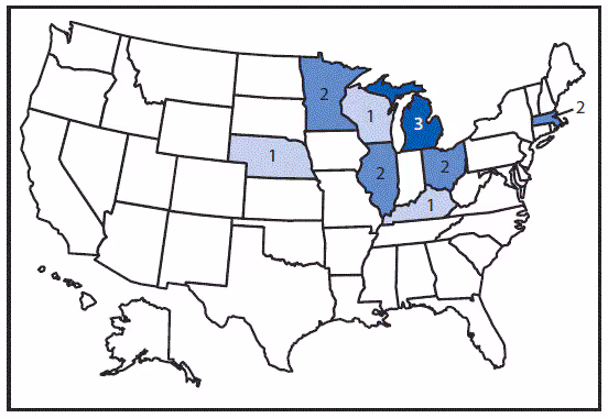 The figure above is a map of the United States showing the number of persons (n = 14) infected with the outbreak strain of Salmonella Oslo, during March 2â€“April 9, 2016.