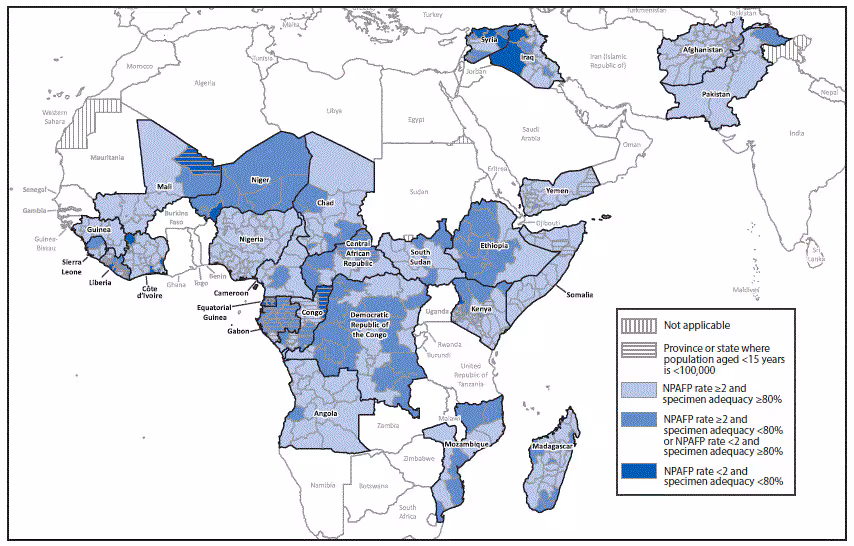 The figure above is a map illustrating locations of the combined performance indicators for the quality of acute flaccid paralysis surveillance in subnational areas (states and provinces) of 26 countries in the World Health Organization African and Eastern Mediterranean Regions that had poliovirus transmission during 2011â€“2016 or were affected by the Ebola outbreak in West Africa during 2014â€“2015 in 2016.