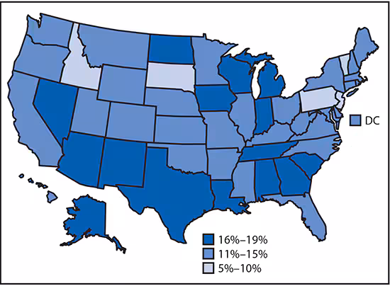 The figure above is a map of the United States showing the percentage of undiagnosed human immunodeficiency virus (HIV) infections among persons aged ≥13 years living with diagnosed or undiagnosed HIV Infection, by state, in 2015.