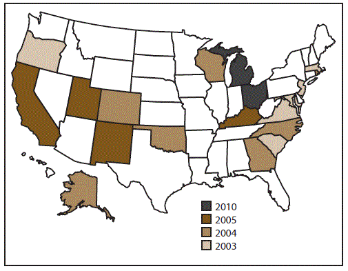 ss6702a1-F This figure is a map of the United States showing the years in which the 18 states began participating in the National Violent Death Reporting System. In 2003, Maryland, Massachusetts, New Jersey, Oregon, South Carolina, and Virginia joined. In 2004, Alaska, Colorado, Georgia, North Carolina, Oklahoma, Rhode Island, and Wisconsin joined. In 2005, Kentucky, New Mexico, and Utah joined. In 2010, Ohio and Michigan joined.