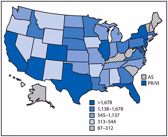 The figure above is a map of the United States showing reported cases of mosquitoborne disease in U.S. states and territories during 2004–2016.