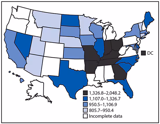 The figure above is a map showing the age-standardized overall Million Hearts–preventable event rates among adults aged ≥18 years by U.S. state in 2016