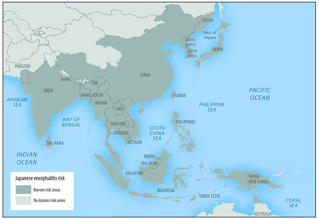 This figure is a map showing the approximate geographic range of Japanese encephalitis throughout most of Asia and parts of the western Pacific. The map has shading indicating known risk areas and no known risk areas.