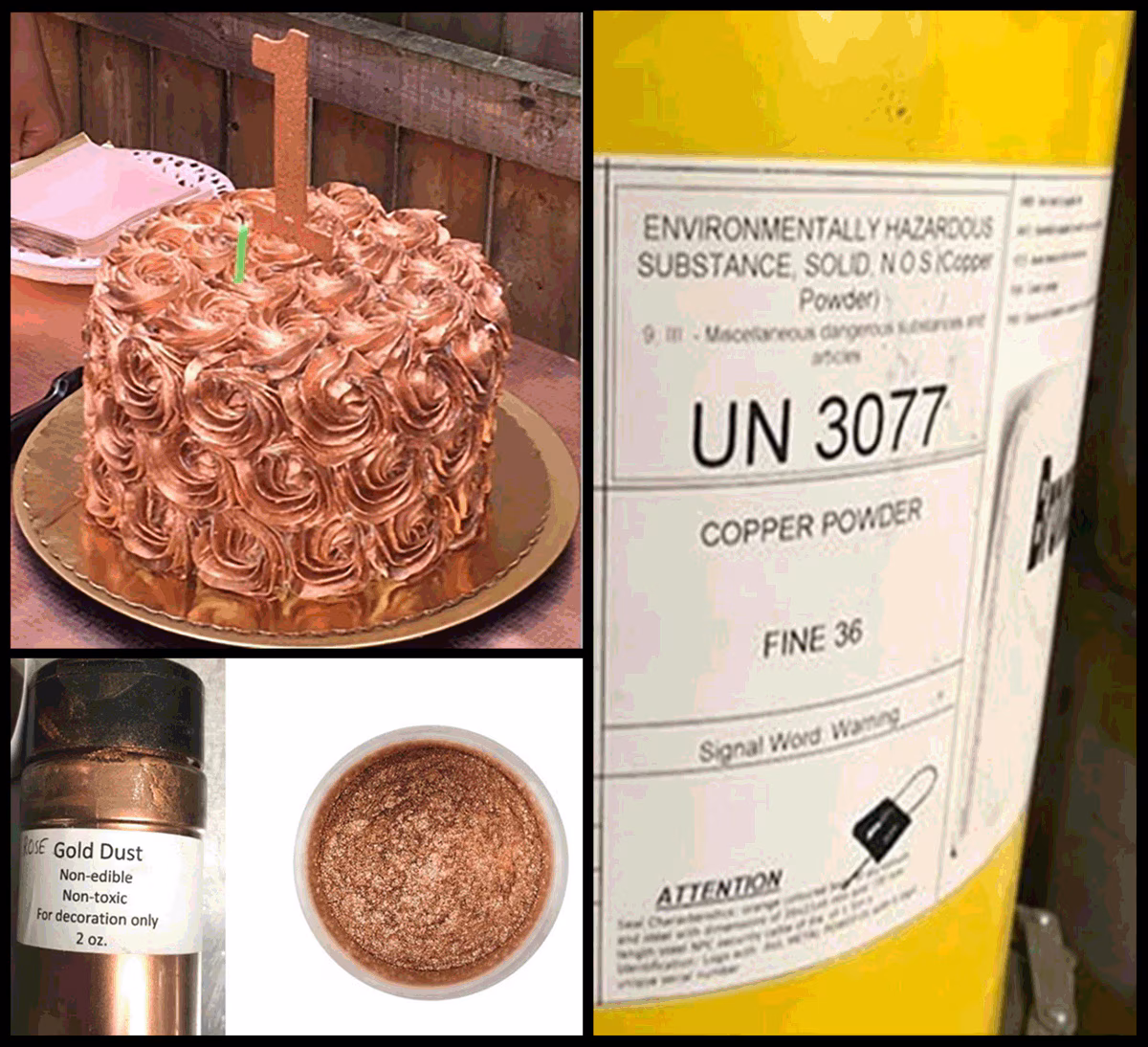 Cake Decorating Luster Dust Associated with Toxic Metal Poisonings — Rhode Island and Missouri, 2018–2019 Figure shows images of a birthday cake decorated with rose gold dust frosting, a bottle of gold dust used for cake decorating, and industrial drums containing fine copper powder.