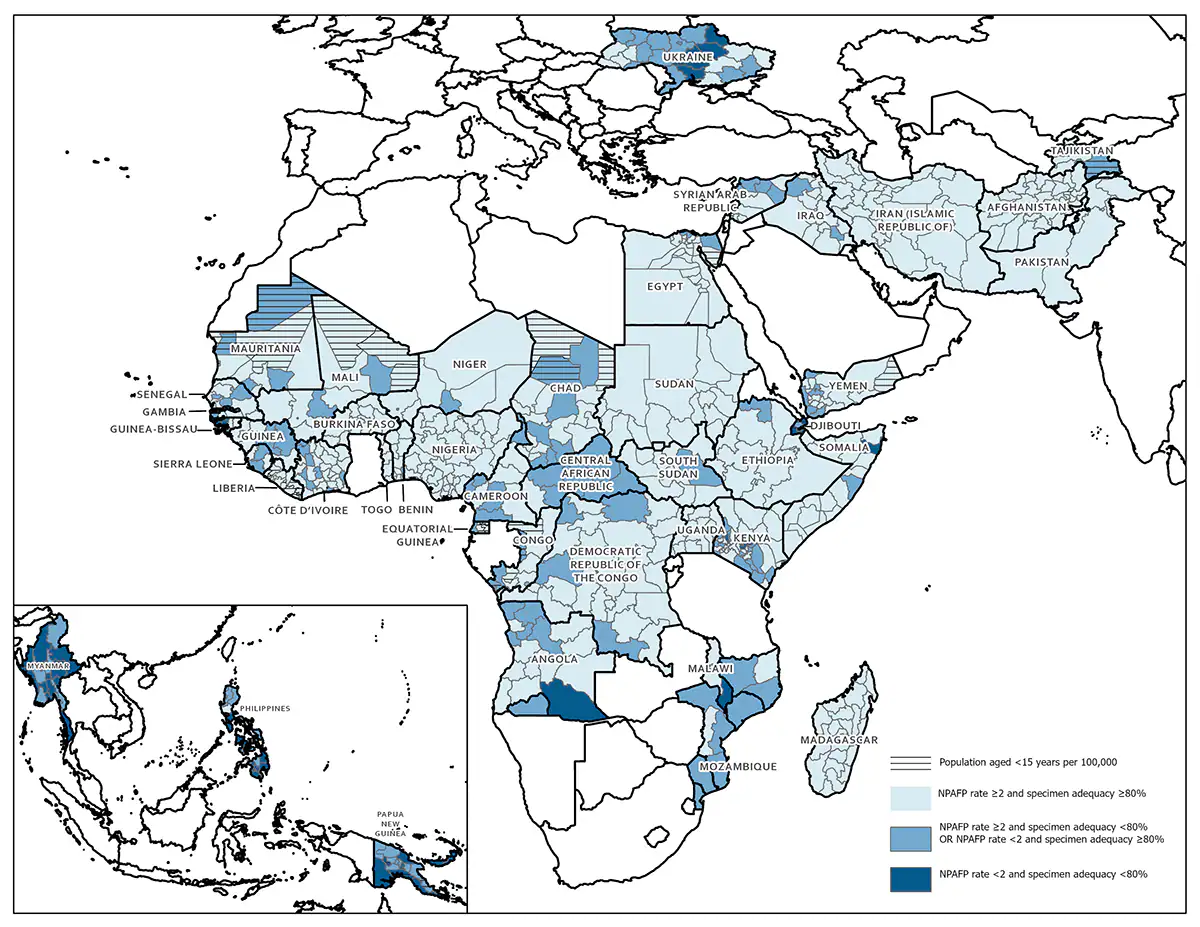 Surveillance to Track Progress Toward Polio Eradication — Worldwide, 2020–2021 Figure is a map showing combined performance indicators for the quality of acute flaccid paralysis surveillance in subnational areas of 43 priority countries of World Health Organization designated African, Eastern Mediterranean, Southeast Asian, and Western Pacific regions during 2021.
