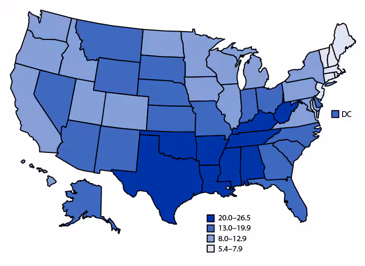 QuickStats: Birth Rates for Females Aged 15–19 Years, by State — National Vital Statistics System, United States, 2021 Figure is a U.S. map indicating the 2021 birth rates for females aged 15–19 years, by state, based on National Vital Statistics System data.