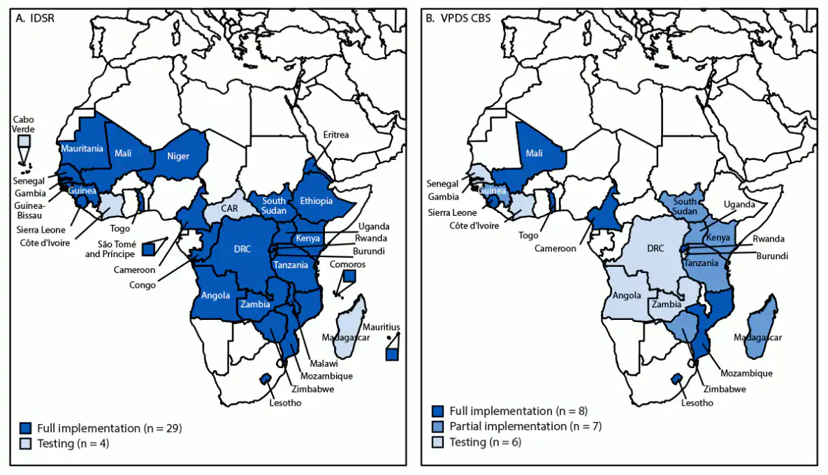 Migration from Epi Info to District Health Information Software 2 for Vaccine-Preventable Disease Surveillance — World Health Organization African Region, 2019–2023 The figure comprises two maps of the World Health Organization African Region, one indicating the status of Integrated Disease Surveillance and Response, and the other indicating the status of vaccine-preventable disease case-based surveillance District Health Information Software 2 implementation, by country during 2019–2023.