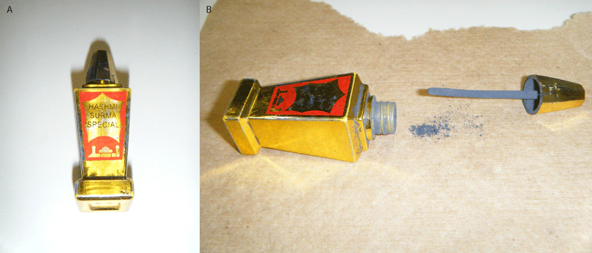 Lead Poisoning in a Mother and Her Four Children Using a Traditional Eye Cosmetic — New York City, 2012–2023 The figure comprises two images, one depicting the Hashmi Surma Special container, and the other depicting the powdered product used by five family members in New York City with blood lead levels exceeding CDC’s blood lead reference value during 2012–2023.