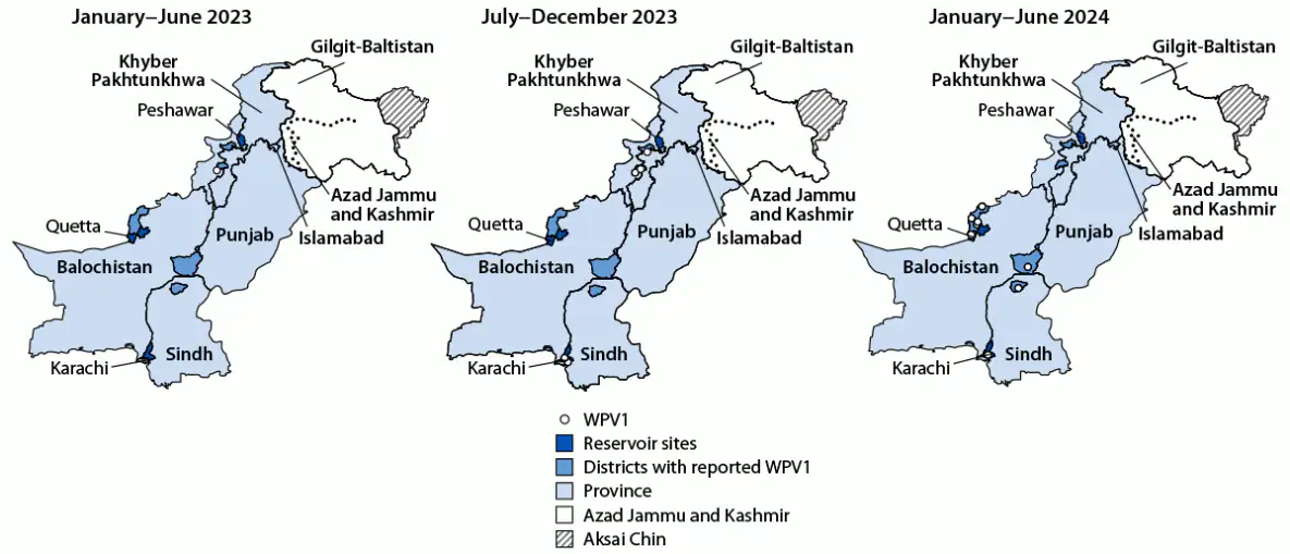 Progress Toward Poliomyelitis Eradication — Pakistan, January 2023–June 2024 Figure 2 is a series of three maps illustrating the location of wild poliovirus type 1 cases, by province and period, in Pakistan during January 2023–June 2024.
