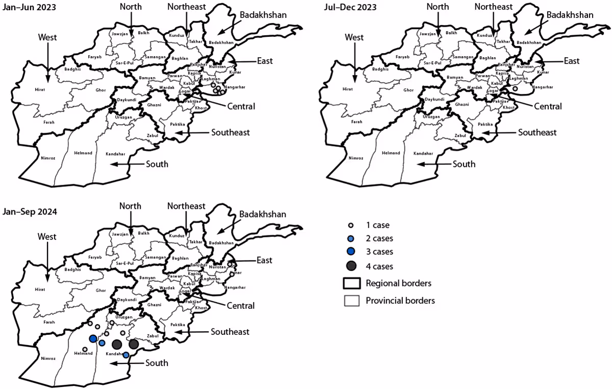Figure is a map illustrating the reported cases of polio caused by wild poliovirus type 1 (N = 29), by region, province, and period in Afghanistan, during January 2023–September 2024.