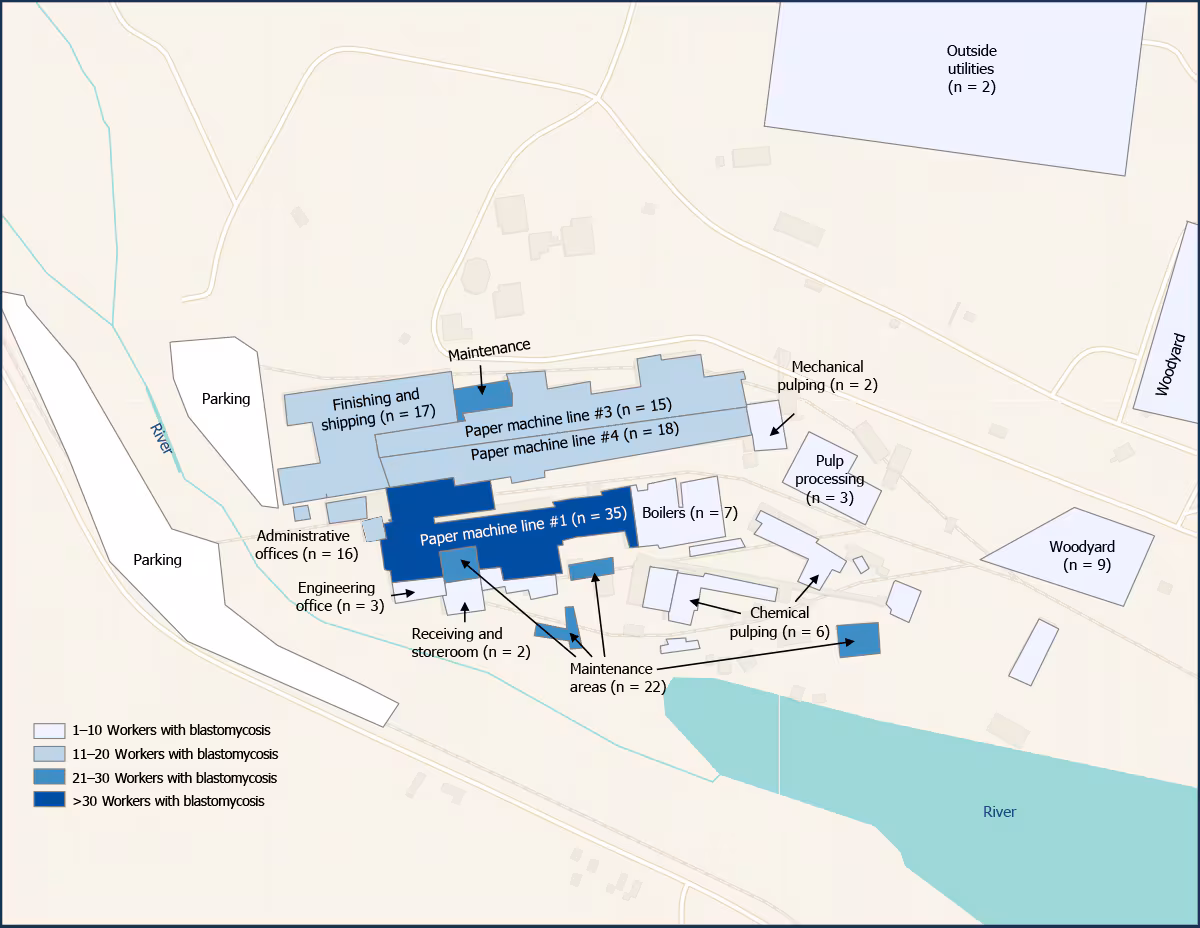 Outbreak of Blastomycosis Among Paper Mill Workers — Michigan, November 2022–May 2023 Figure is a map of the primary work location at the paper mill for 162 workers with blastomycosis in Michigan, during November 2022–May 2023.