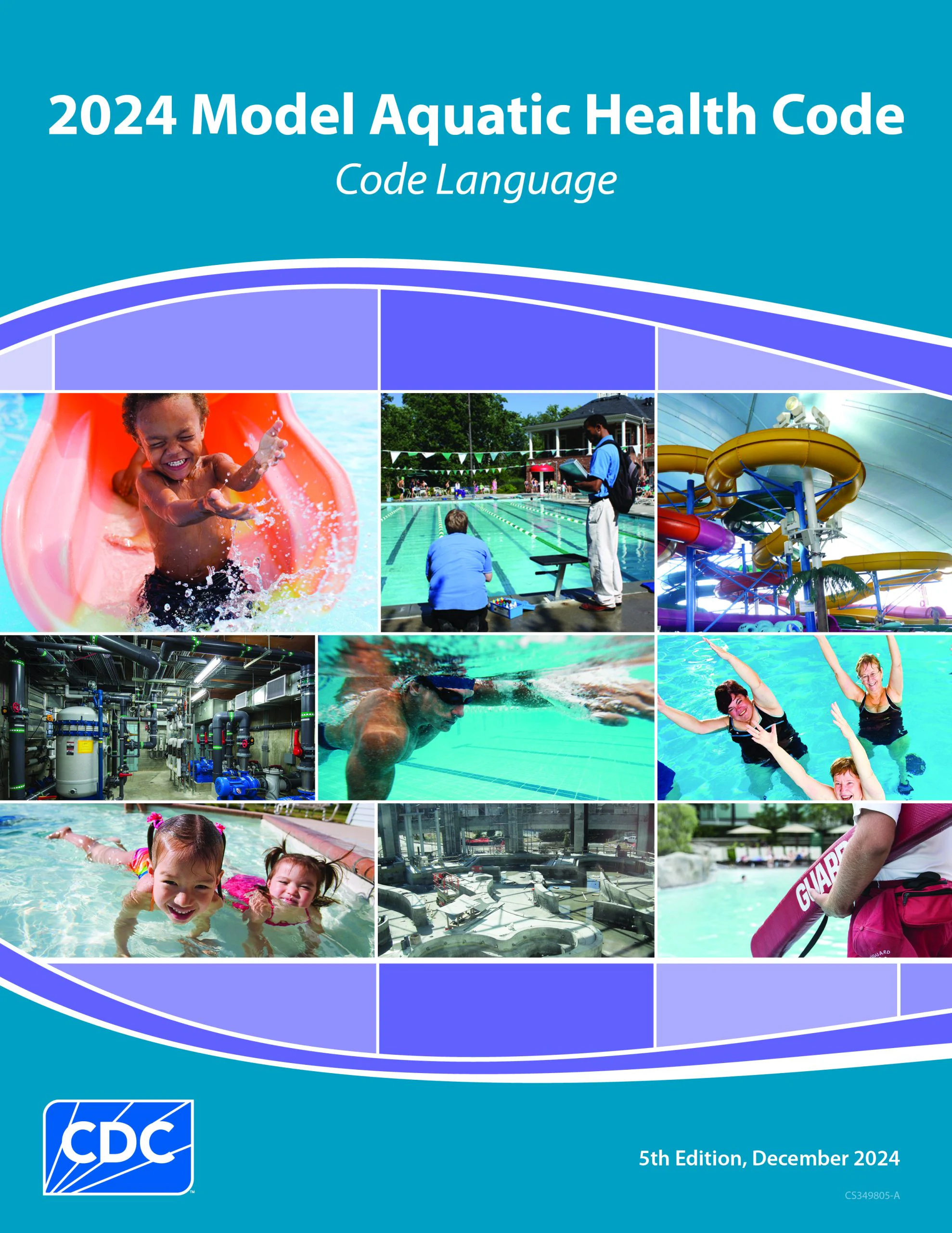 MAHC 5th edition Cover Thumbnail of the 2024 MAHC cover showing individuals partaking in various activities in recreational water like swimming, going down slides, a lifeguard testing the water, et cetera.