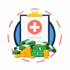 A cartoon icon of a medical chart and stacks of money around the chart.