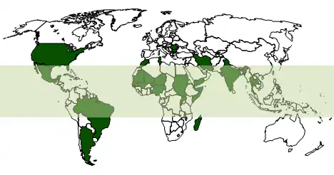 Mycetomamap.png Countries shown in dark green indicate those in which cases of mycetoma have been reported in the medical literature. The mycetoma belt region is shaded in light green.