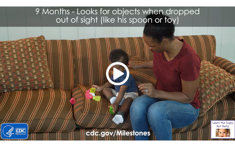 Looks for objects when dropped out of sight (like his spoon or toy)