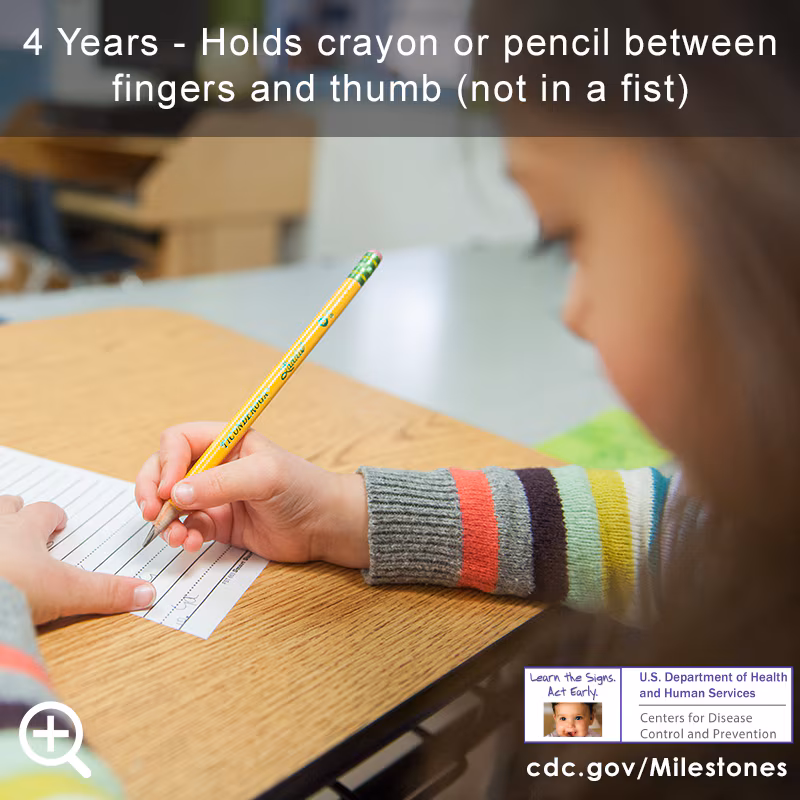 Holds crayon or pencil between fingers and thumb (not in a fist)